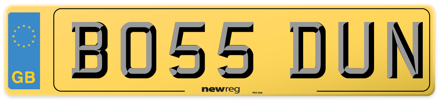Current style number plate example displaying BO55 DUN